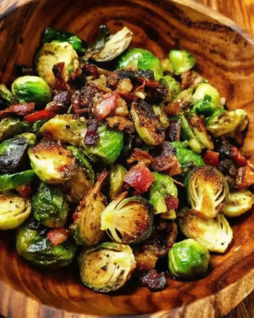 Spicy maple roasted Brussels sprouts and butternut with bacon, pecans, dried fruit, and feta crumbles in a rustic bowl