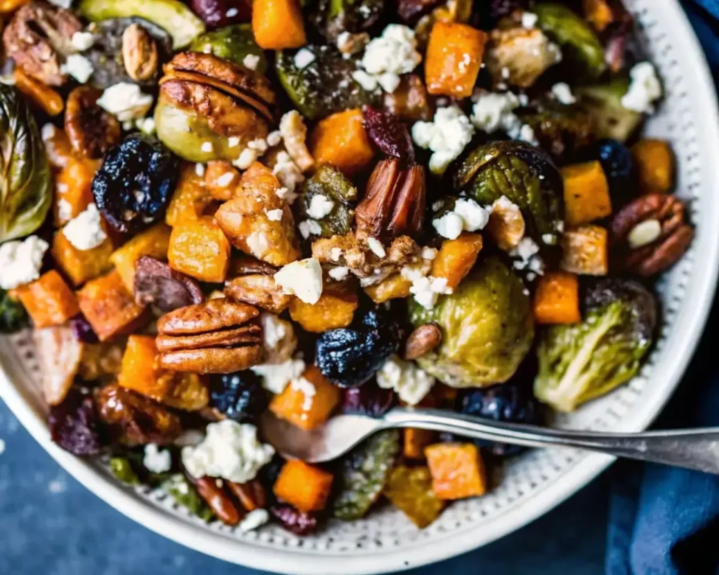 Close-up of spicy maple Brussels sprouts and butternut with bacon, pecans, dried fruit, and feta, served with a spoon.