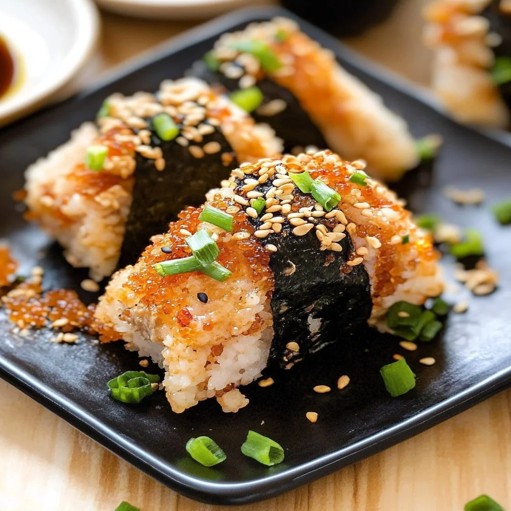 A platter of spicy tuna rice balls garnished with sesame seeds and green onions.