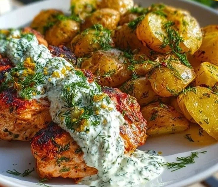 Spicy yogurt grilled chicken with creamy dill feta sauce served on a plate