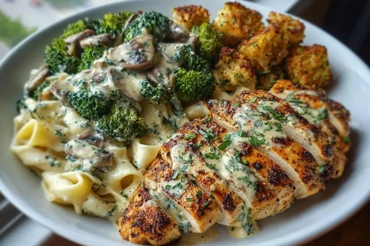 Spinach-Artichoke Greek Chicken Alfredo topped with crispy parmesan broccoli