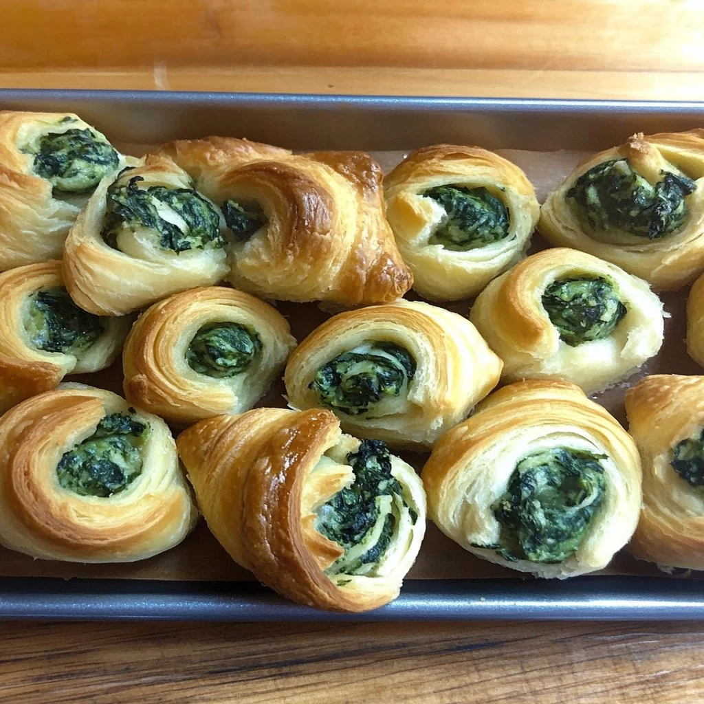 Spinach crescent rolls fresh out of the oven, golden and flaky.