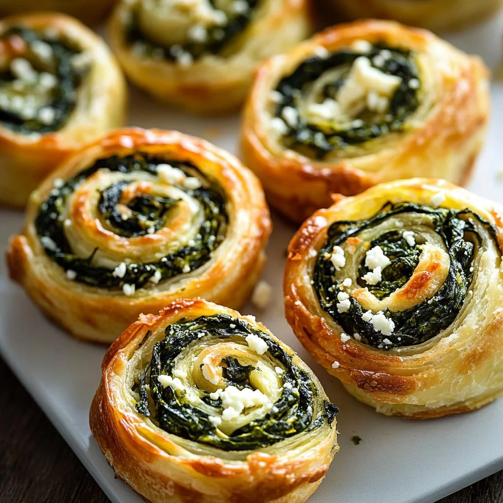 Savory spinach feta pinwheels served on a platter