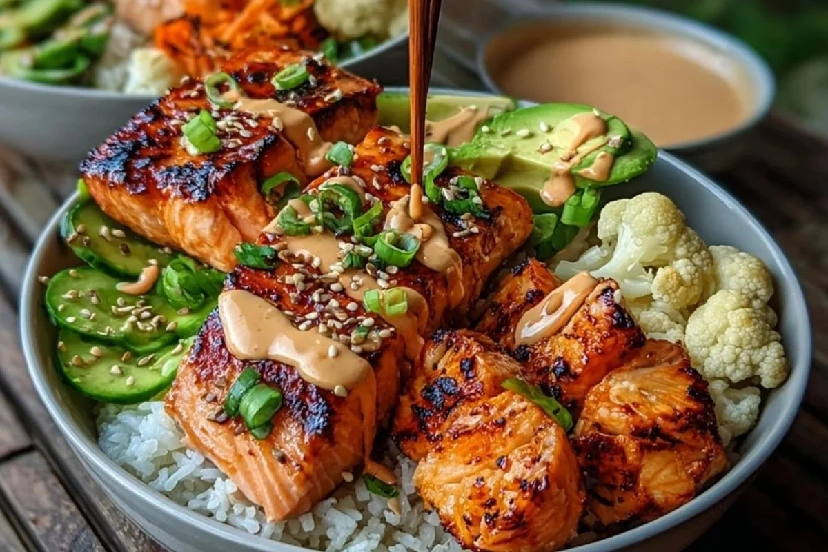 Sriracha Honey Salmon Bowl with colorful vegetables and rice