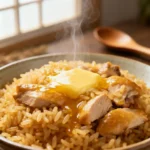 Macro close-up of stick of butter chicken rice with tender chicken pieces and glossy buttered rice, gently steaming in warm natural light.