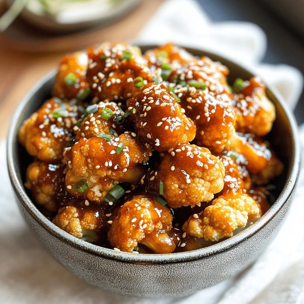 Sticky Sesame Cauliflower dish served with sesame seeds and green onions.