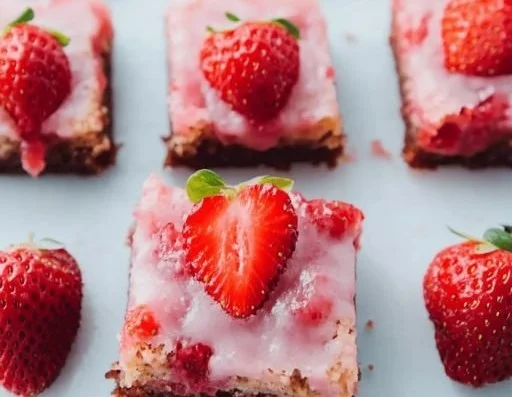 Delicious strawberry brownies topped with fresh strawberries and chocolate