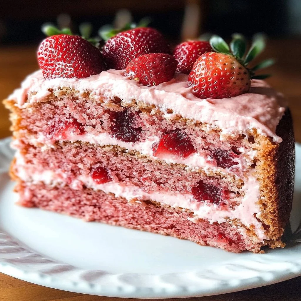 Delicious homemade strawberry cake with fresh strawberries on top