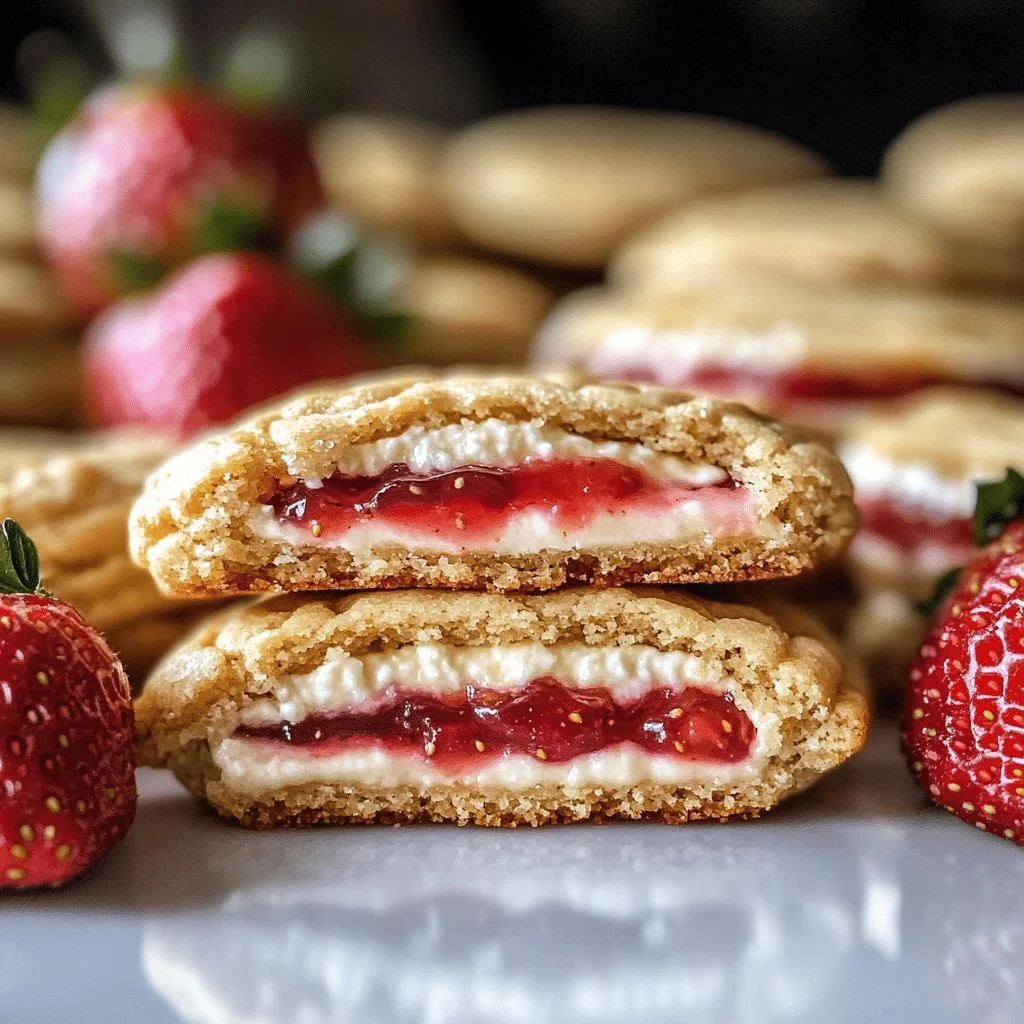 Delicious strawberry cheesecake cookies with creamy frosting and fresh strawberries.