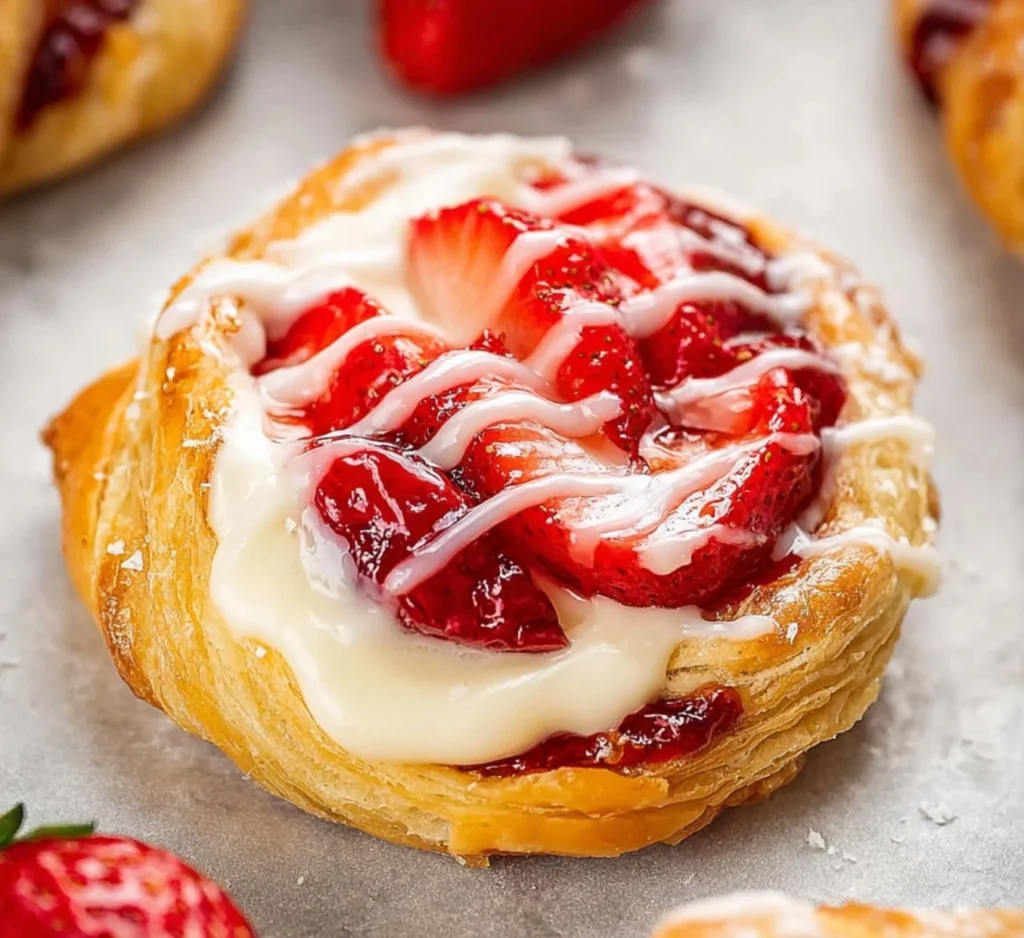 Freshly baked strawberry cream cheese danishes on a cooling rack