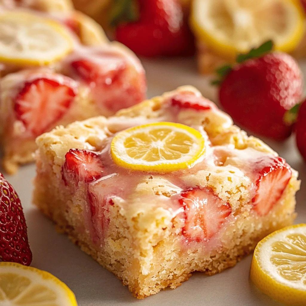 Freshly baked Strawberry Lemon Blondies on a plate, garnished with strawberries.