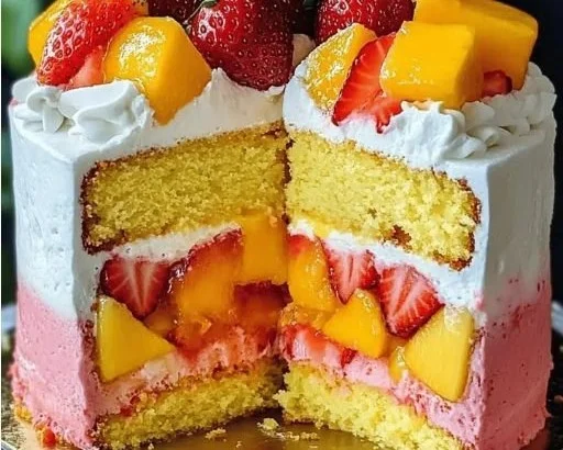 Strawberry Mango Split Cake layered with fresh fruit and cream