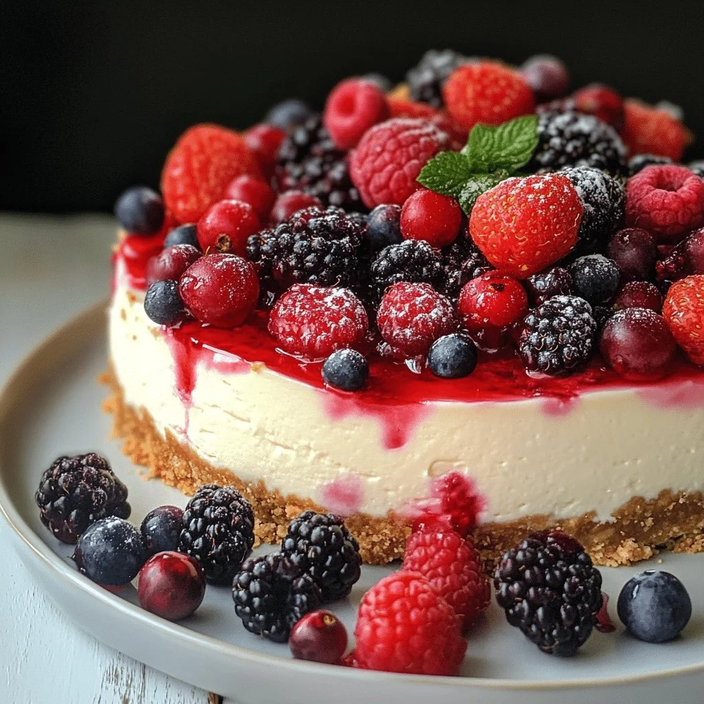 Delicious summer berry cheesecake topped with fresh berries for dessert.