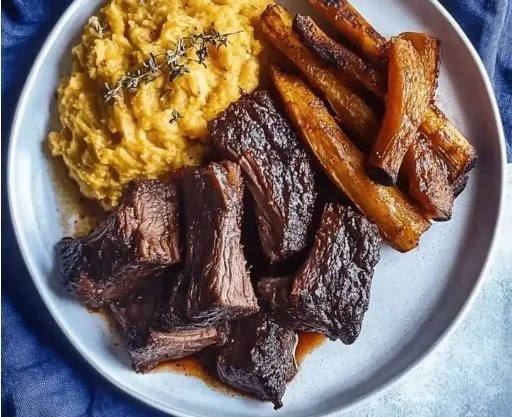 Super tender crockpot beef short ribs on a plate garnished with herbs
