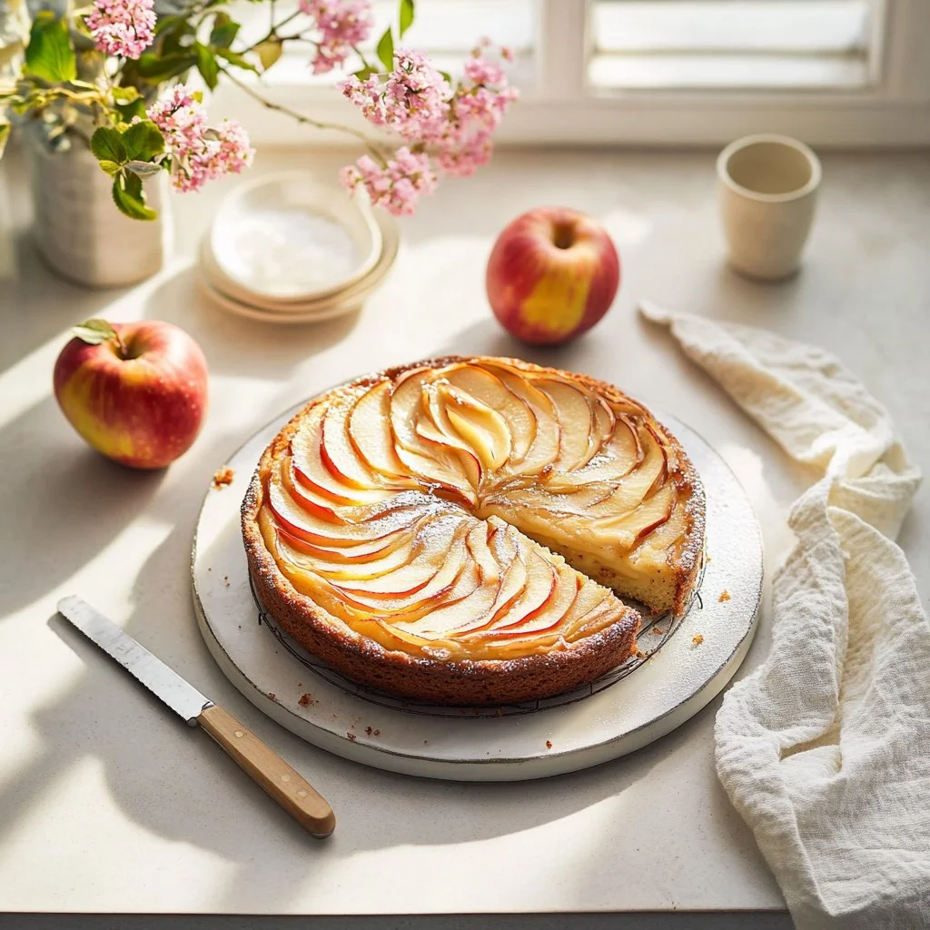 Delicious slice of Swedish Apple Cake with apples and spices