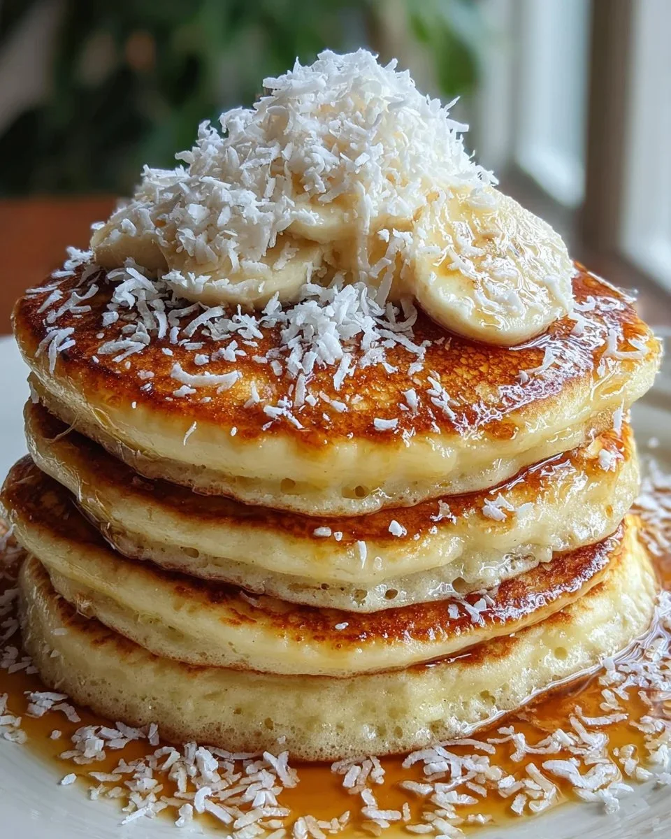 Fluffy sweet coconut cream pancakes topped with syrup and coconut flakes