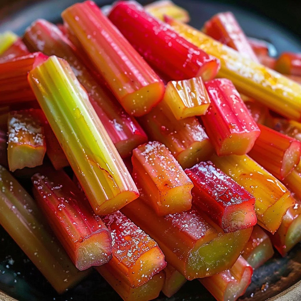 Sweet roasted rhubarb vanilla dessert served in a bowl