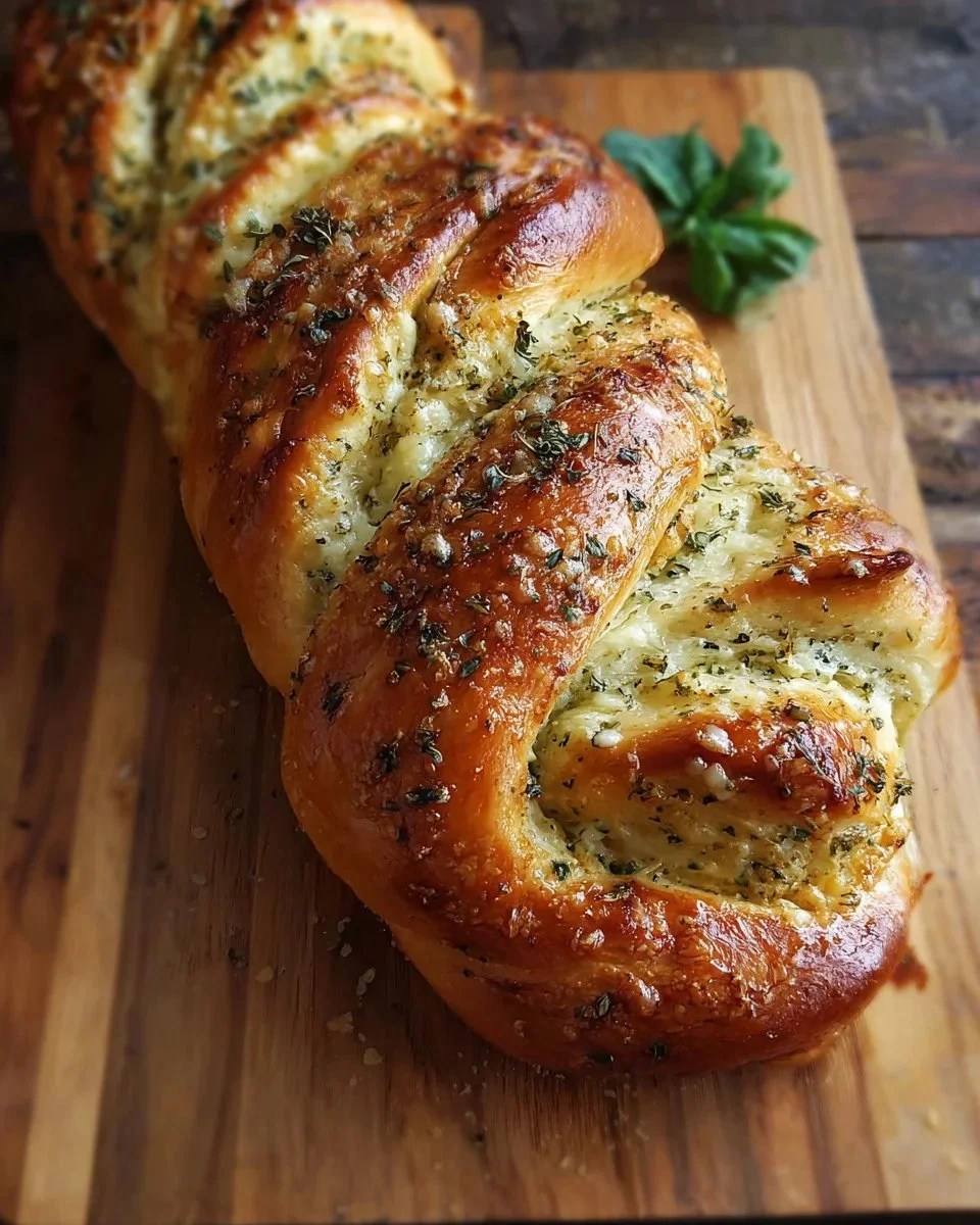 Freshly baked swirled garlic herb and cheese bread on a wooden table