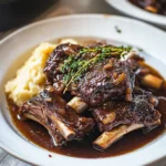 Tender Instant Pot beef short ribs served in a bowl with sauce and garnish