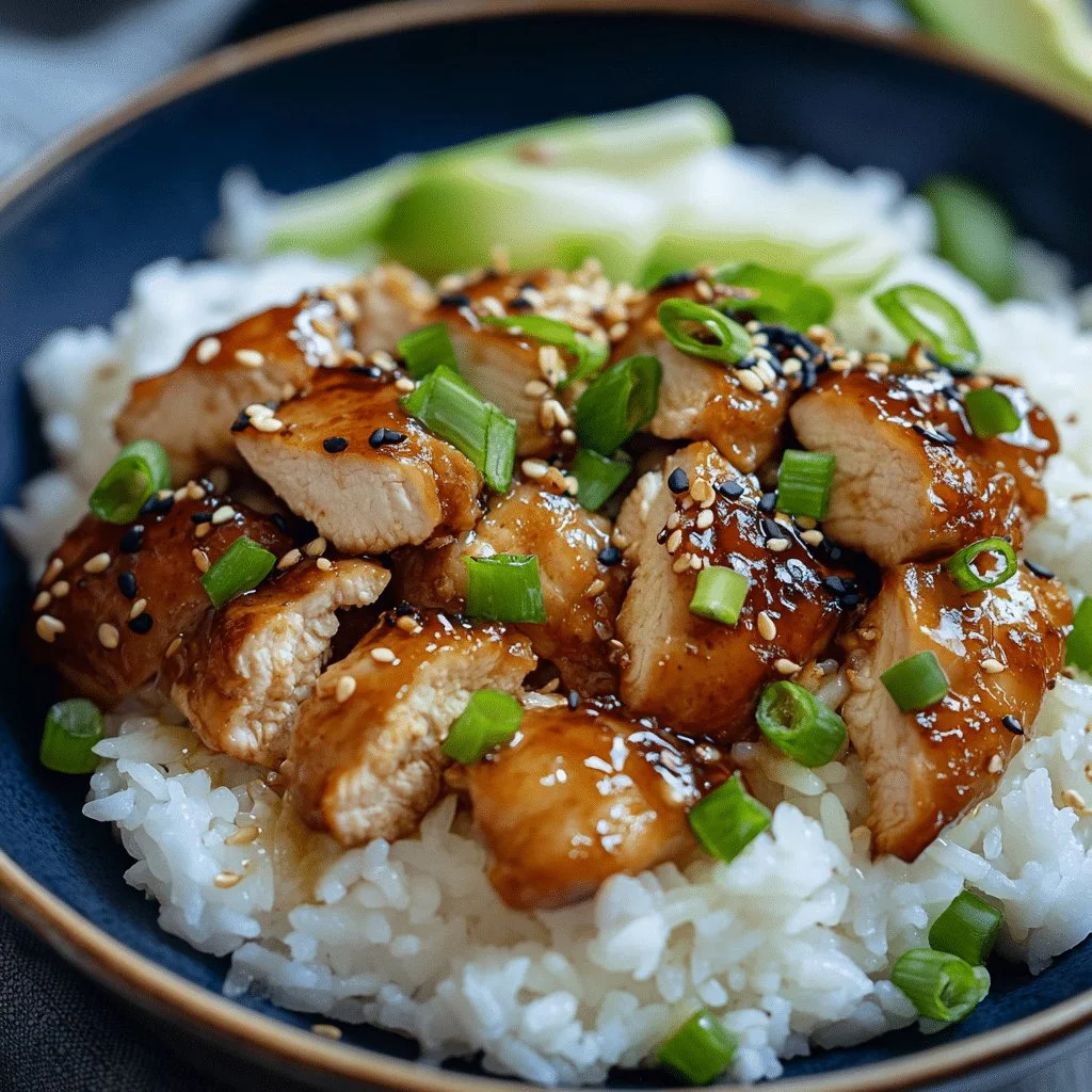 Plate of teriyaki chicken served with steamed rice and vegetables
