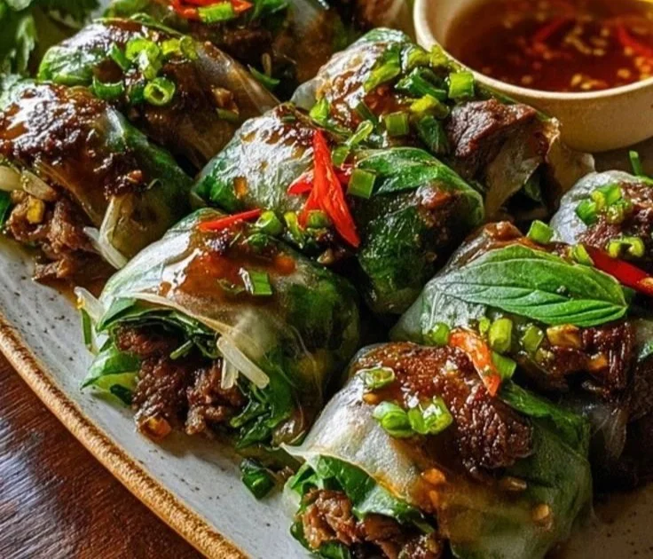Thai Basil Beef Rolls served on a plate with fresh herbs and dipping sauce