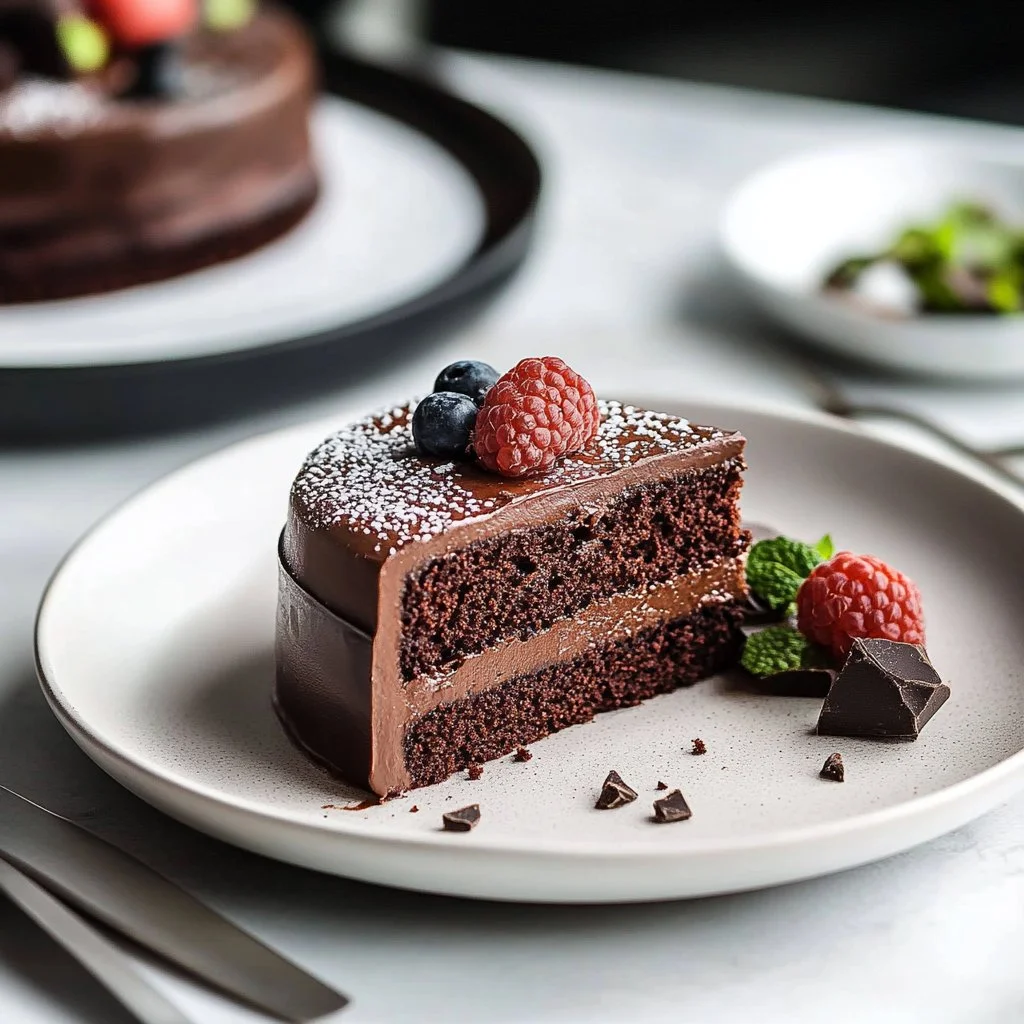 Delicious vegan chocolate cake on a white plate with frosting and sprinkles.