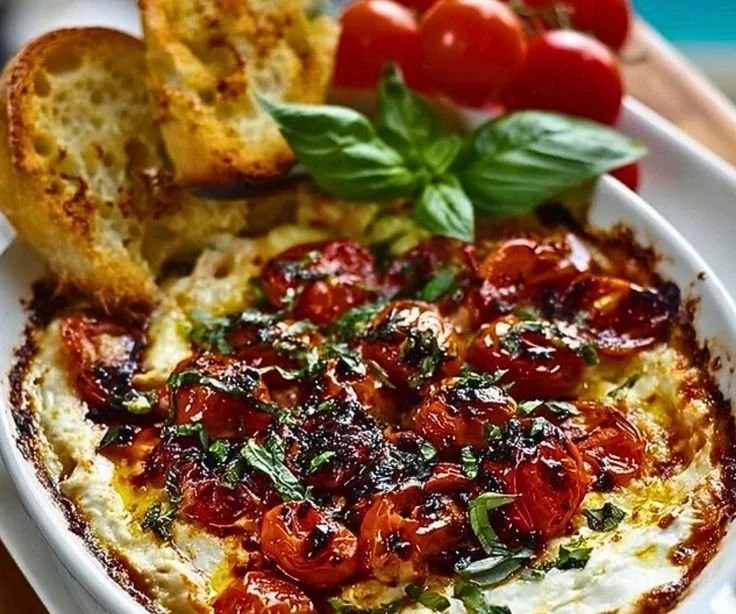 Three-Cheese Tomato Bruschetta Dip served in a bowl with fresh ingredients