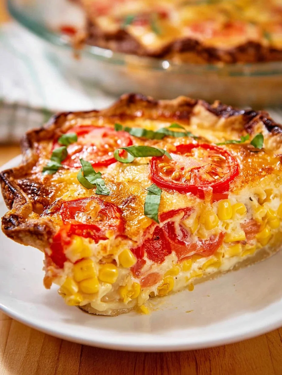 Delicious Tomato Corn Pie fresh out of the oven with vibrant colors