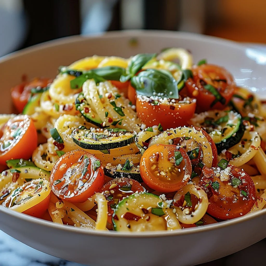 Delicious Tomato Zucchini Pasta served in a bowl with fresh herbs