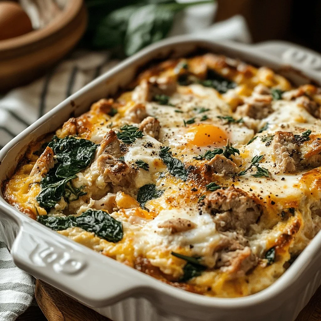 Delicious turkey and egg breakfast casserole baked to perfection.