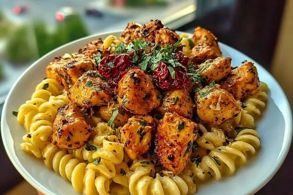 Delicious Tuscan Garlic Chicken Bites served with Sun-Dried Tomato Cajun Alfredo Pasta