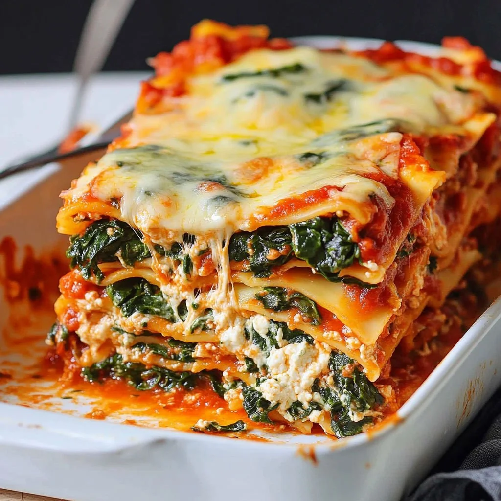 Delicious ultimate spinach lasagna with layers of cheese and fresh spinach