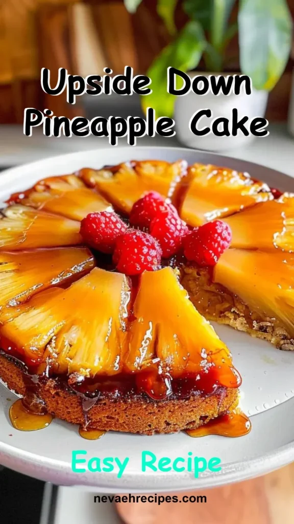 Delicious upside down pineapple cake topped with caramelized pineapples