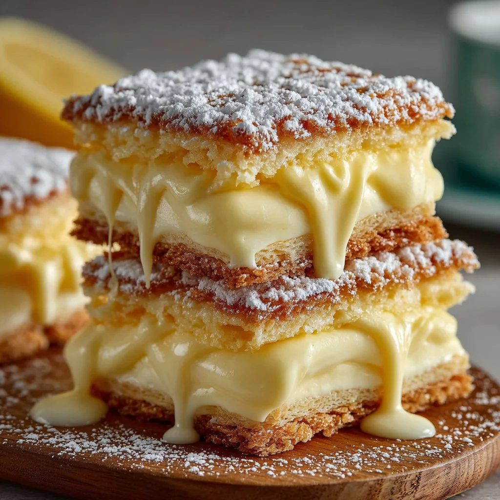 Delicious Vanilla Custard Cream Squares served on a platter.