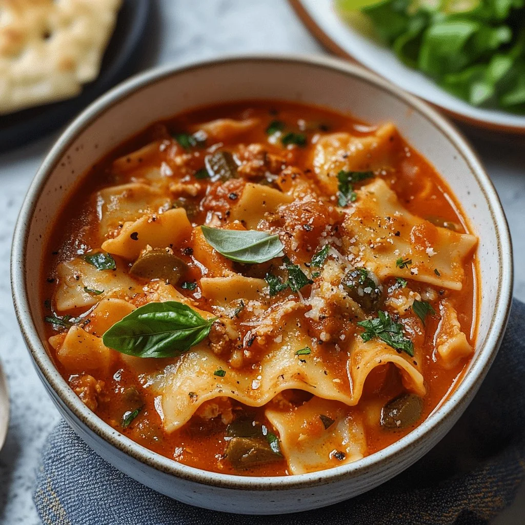 A bowl of Vegan Lasagna Soup, featuring layers of vegetables and noodles in a rich tomato broth.