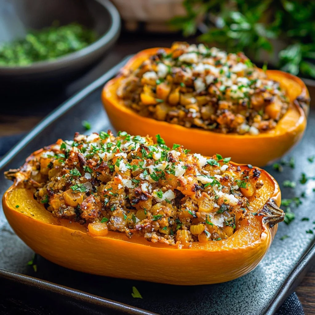 Vegan stuffed butternut squash filled with healthy ingredients