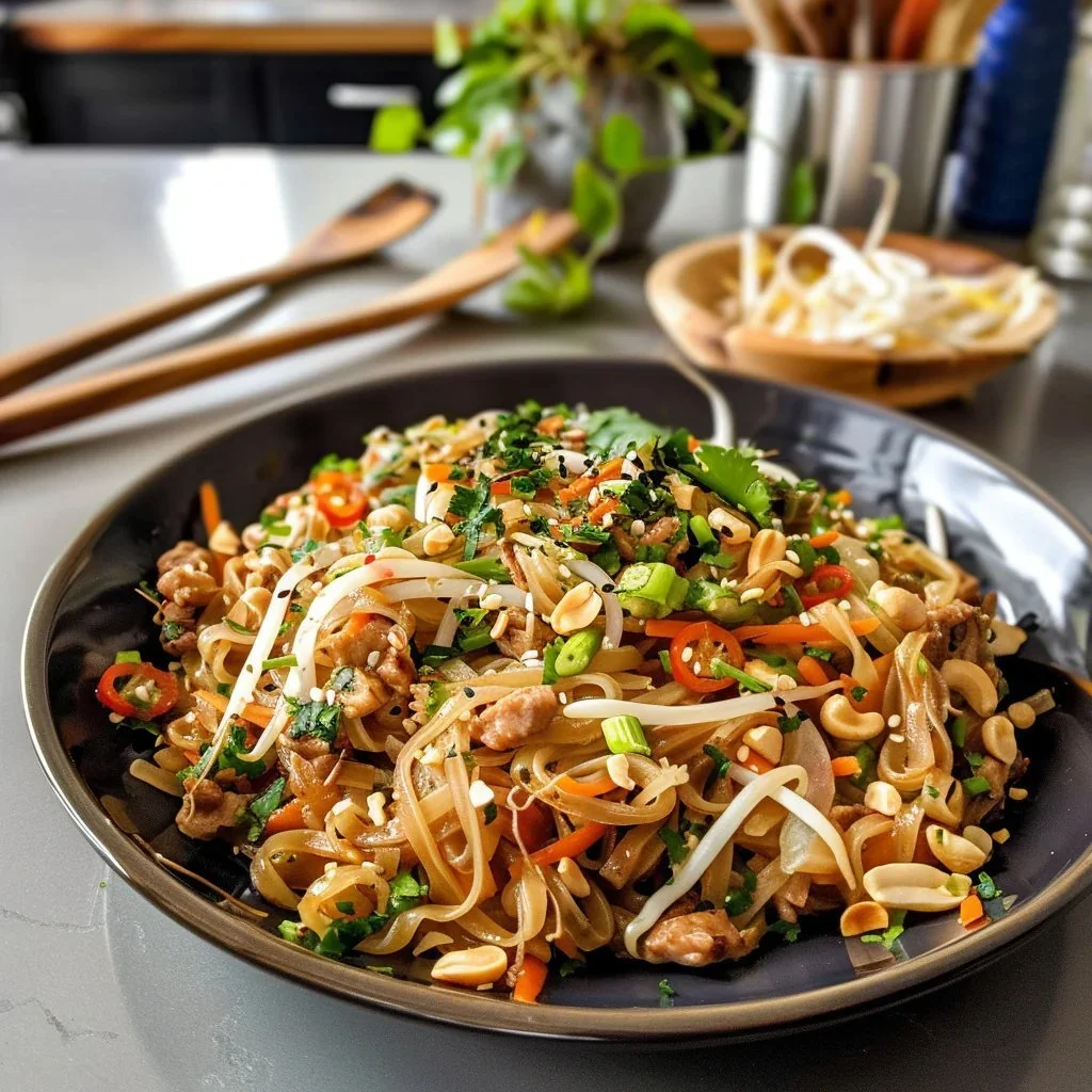 Colorful plate of vibrant rice noodles garnished with fresh vegetables
