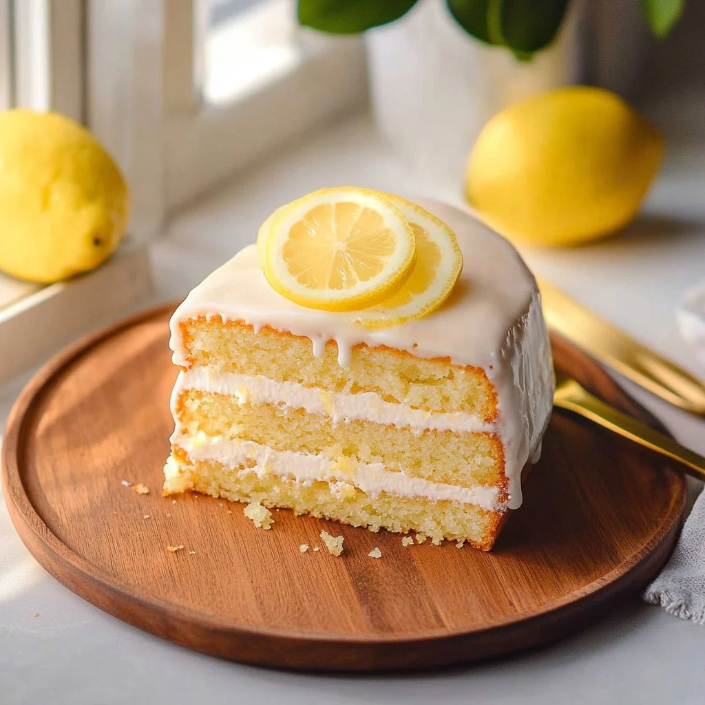 Slices of vibrant vegan lemon cake with lemon zest and fresh berries on top