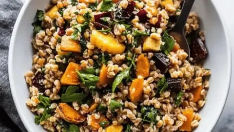 Warm farro salad topped with roasted root vegetables on a wooden table.