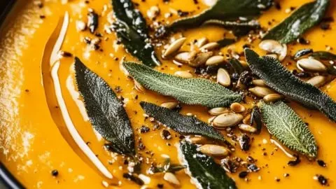 Bowl of roasted pumpkin soup garnished with sizzled sage leaves
