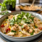 Bowl of flavorful White Chicken Chili topped with cilantro and lime