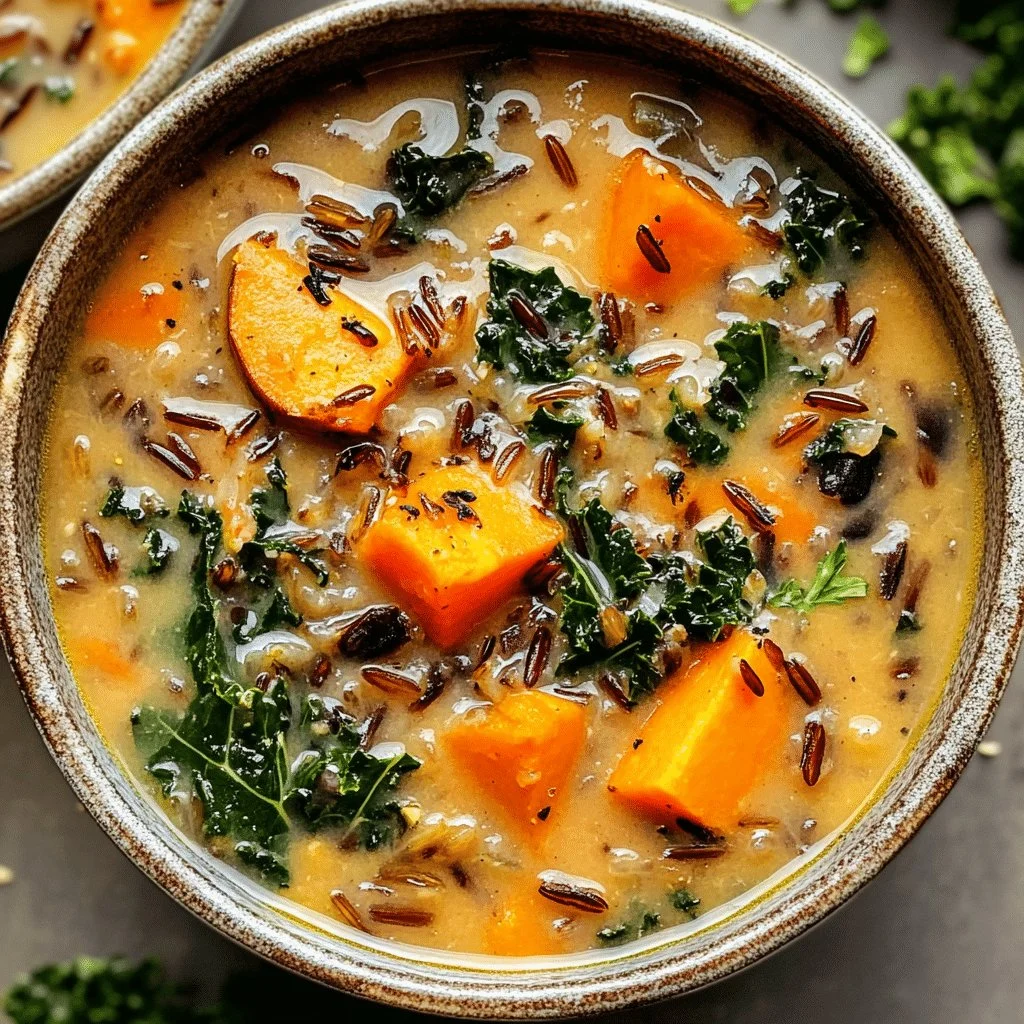 Bowl of wild rice soup with sweet potato and kale garnish.