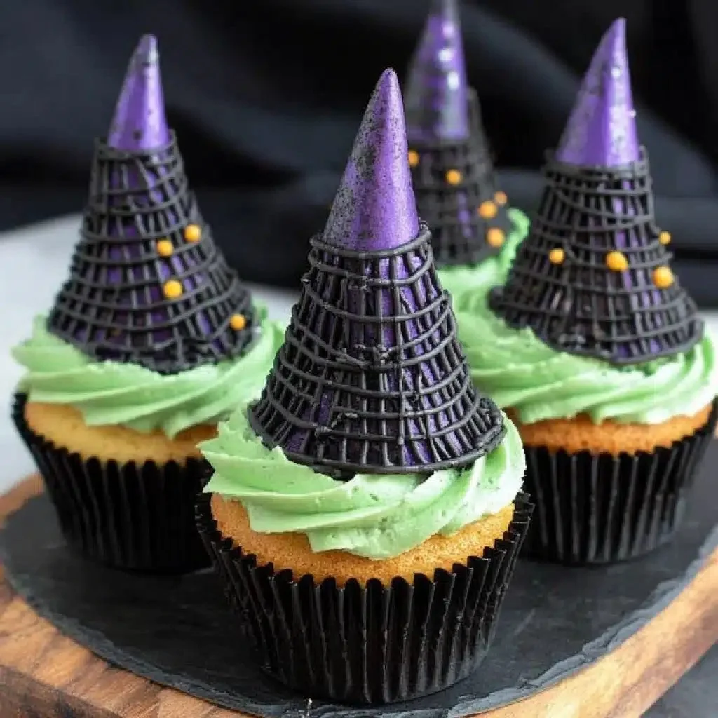 Witch Hat Cupcakes decorated for Halloween with chocolate hats and candy.