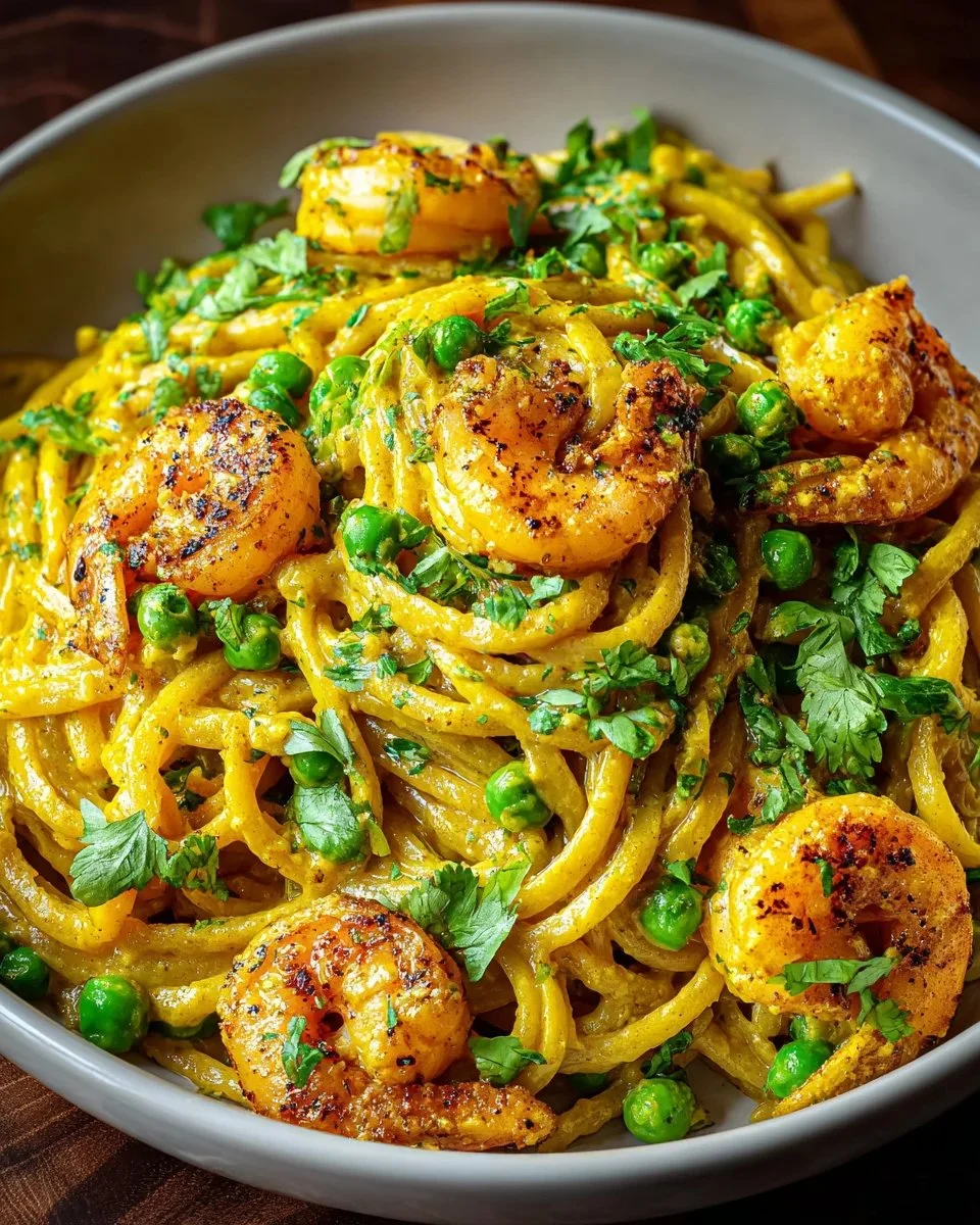 Plate of yellow curry shrimp pasta garnished with herbs