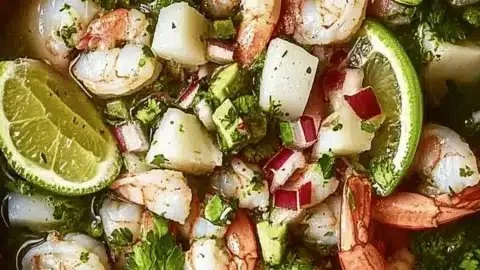 Zesty aguachile Mexican shrimp ceviche with fresh ingredients and vibrant colors.