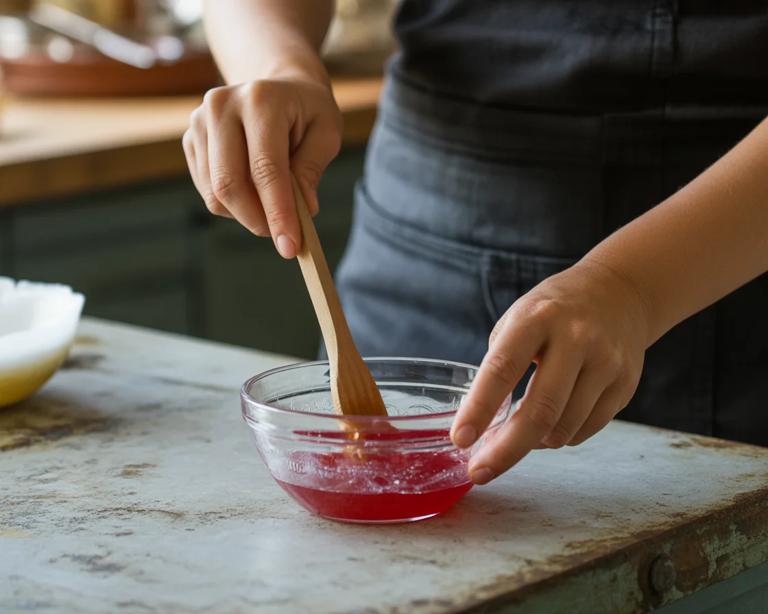 a hand mixing the ingredients for jello hack recipe with wooden spoon