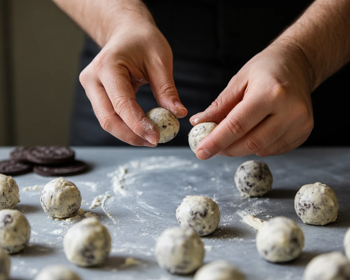 a hands shaping the dough for Christmas Oreo Cheesecake Truffles