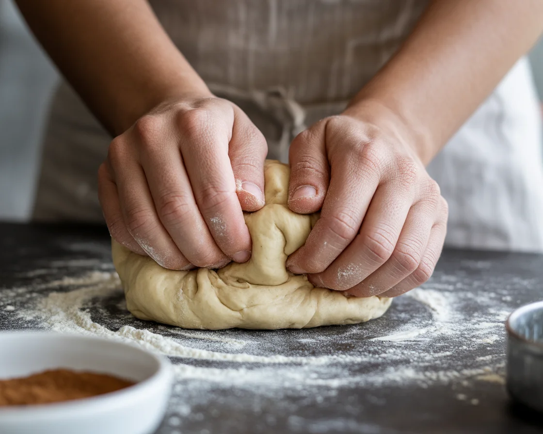 a hands shaping the dough on a ceramic table