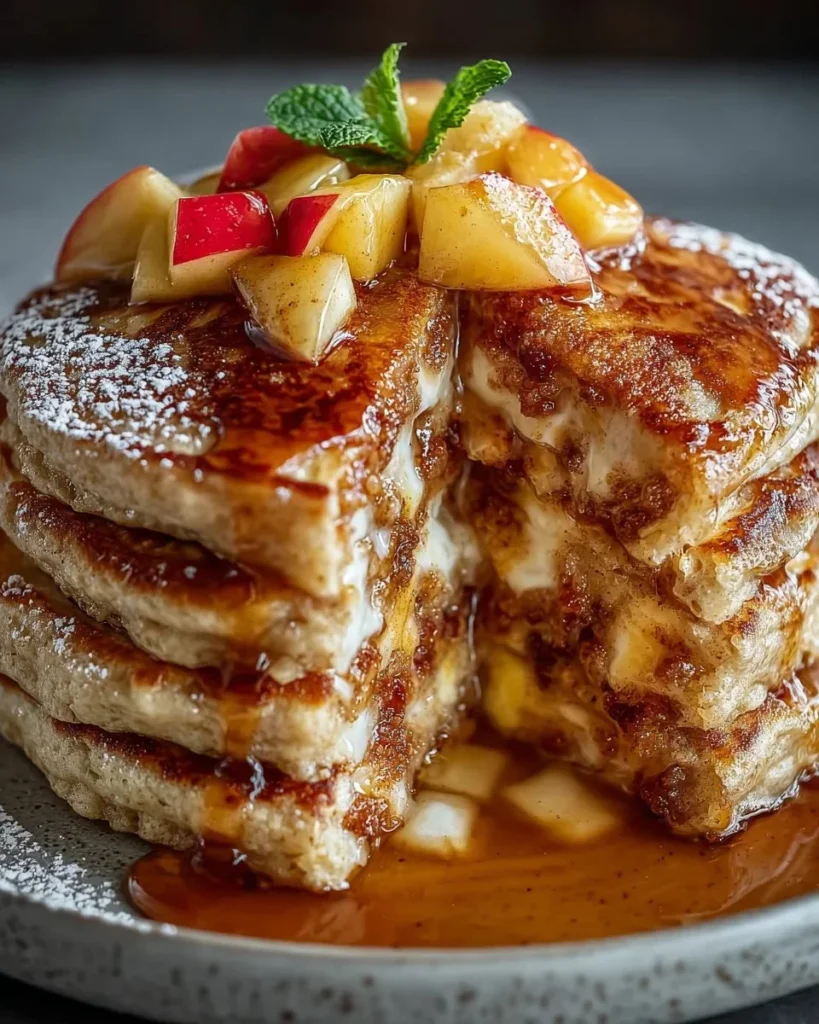 Delicious apple pie pancakes served with vanilla maple syrup