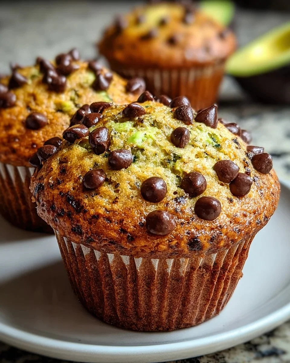 Freshly baked Avocado Chocolate Chip Muffins on a cooling rack.